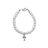 925 Sterling Silver 5 Inch White Freshwater Cultured Pearl and Silver Bead Bracelet With Religious Faith Cross Jewelry Gifts for Women