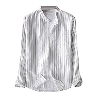Men's Long Sleeve Dress Shirt Button Down Striped Shirts Relaxed Fit Casual Tee Shirt Stand Collar Linen Beach Tops