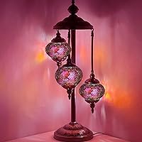 SILVERFEVER Moroccan Lamps Mosaic Turkish Lamp -Three Tier Lanterns Colorful Handmade Glass Floor or Table with E 12 Bulbs (Deep Pink)