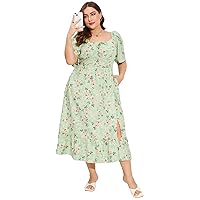 Womens Plus Size Square Neck Floral Print Summer Dress Ruffle Short Sleeve Tie Front Slit Hem Boho Maxi Dress