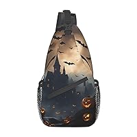 Halloween Flying Bats 1 Printed Canvas Sling Bag Crossbody Backpack, Hiking Daypack Chest Bag For Women Men