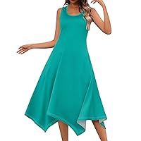 Sun Dress Women Flowy Dresses for Women 2024 Summer Solid Color Simple Classic Casual Slim with Sleeveless Crewneck Tunic Dress Cyan XX-Large