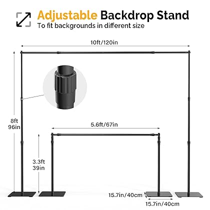 ShowMaven Backdrop Stand, 8x10 ft Adjustable Photo Backdrop Stand Kit, Heavy Duty Backdrop Stand with Steel Base for Photography, Photo Video Studio, Birthday Parties, Wedding (Black)