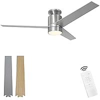 Ceiling Fans with Lights Flush Mount, 52 Inch Modern Brushed Nickel Ceiling Fan with Light and Remote Control - 3 Blades Indoor Outdoor Ceiling Fan Low Profile for Patio Farmhouse Bedroom