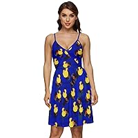 CowCow Womens V-Neck Pocket Summer Dress Cute Pattern Yellow Ducks Duckling Cap Sleeve Dress, XS-5XL