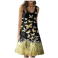 Women Summer Sleeveless Butterfly Feather Print Ruffle Dress Casual Crewneck Flowy Swing Shift Dresses