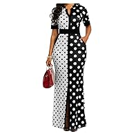 VERWIN Polka Dot Print Pocket Short Sleeve Bodycon Dress Women's Slit Maxi Dress