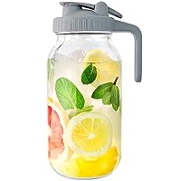 Glass Mason Jar Pitcher, 64 oz Wide Mouth Jug with Pour Spout Handle Lid for Cold Brew Coffee, Ice Beverage, Iced Juice, Lemonade, Sun Tea, Fruit Drinks Container