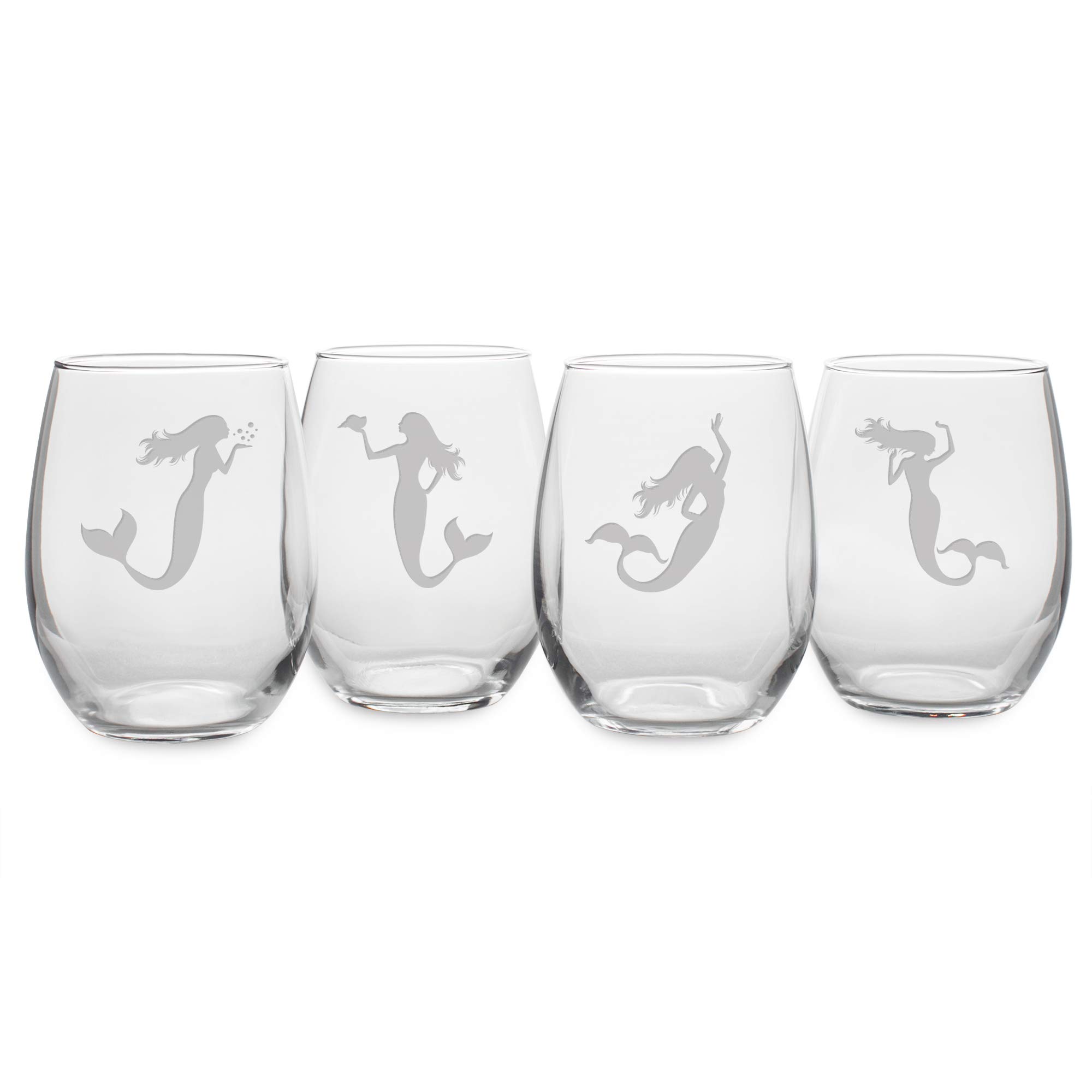 Happy Hour Glassware by Susquehanna Glass Company - Mermaid, 21 oz. Stemless Wine Glass, Satin, Set of 4