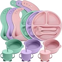 18 Pcs Silicone Baby Feeding Set Infant Dinnerware Adjustable Silicone Toddler Bibs Baby Plates and Bowls Set Suction Bowls Divided Plates Spoons Fork Cups Utensils (Pink, Light Green, Purple)