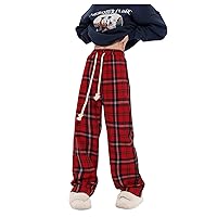 Floerns Women's Plaid Print Drawstring Front Wide Leg Loose Fit Long Pants