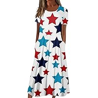 American Flag Dress Women Summer Casual Fashion Independence Day Printed Short Sleeve Round Neck Pocket Dress