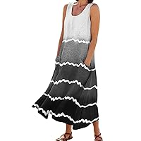 Linen Dress for Women 2024 Summer Flowy Sleeveless Long Dress Casual Tank Dress Printed Maxi Dresses with Pockets