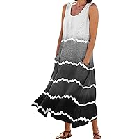 Summer Dresses for Women 2024 Casual Stripe Print Boho Sundress Crew Neck Sleeveless Pockets Beach Maxi Dresses S-3XL