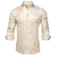 Ivory Champagne Paisley Silk Men's Shirtlong Sleeve Casual Shirts for Men Jacquard Male Business Party Wedding Dress