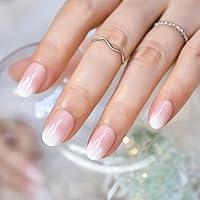 Press On Nails Nude Pink White Gradient French False Nail Art Tips Salon Women Girls DIY Manicure Reusable Acrylic Medium Length Almond Stick On Fake Nails for Daily Office Home Party