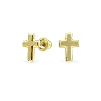 Tiny Minimalist Christian Religious Ichthus Jesus Fish or Black Gold Crucifix Cross Real Two Tone Yellow 14K Gold Stud Earring For Women Teen Safety Screw Back