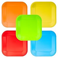 50 Pcs Colorful Paper Plates, Disposable Rainbow Party Plates, Dessert & Dinner Plates Party Supplies for St Patricks Day Decorations Birthday Picnic (5 Colors Square)