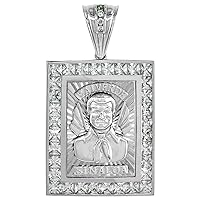 Sabrina Silver Sterling Silver CZ Jesus Malverde Sinaloa Medal Pendant Rhodium Finish 1.25 inch Rectangular
