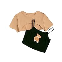 COZYEASE Girls' 2 Piece Outfits Cartoon Graphic Cami Top and Short Sleeve Round Neck High Low Hem Tee Shirt Cute Outfits