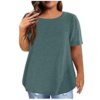 Summer Outfits for Women, Womens Shirts Dressy Casual Womens Sleeveless Blouse Women's Short Sleeve Shirt Round Neck Plus Size T-Shirt Solid Color Casual Tops 4XL Womens Plus (Green,XX-L)