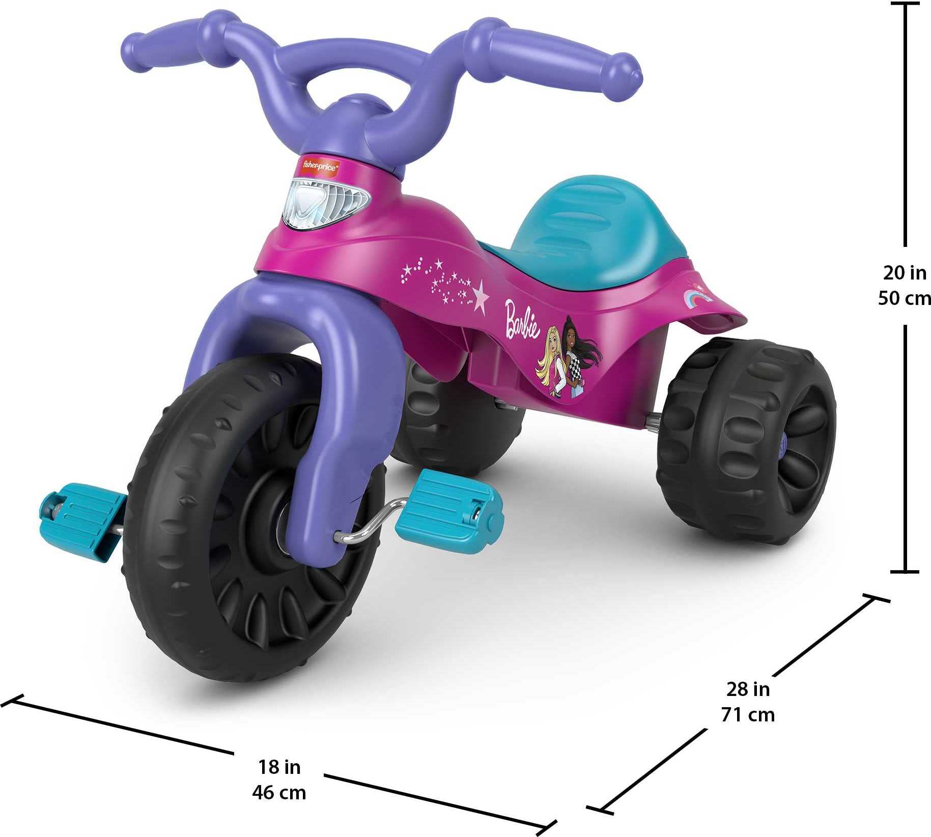 Fisher-Price Barbie Tricycle with Handlebar Grips and Storage Area, Multi-Terrain Tires, Tough Trike Large, Multi-color