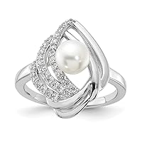 19.5mm Cheryl M 925 Sterling Silver Rhodium Plated Freshwater Cultured Pearl and Brilliant cut CZ Fancy Teardrop Design Ring Jewelry for Women - Ring Size Options: 6 7 8 9