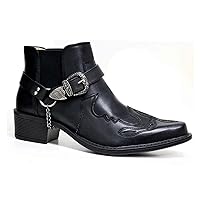 Men's Vintage Pointed Toe Cowboy Boots Fashion Western Personality Belt Buckle Thick Heel Slip-On Bootie