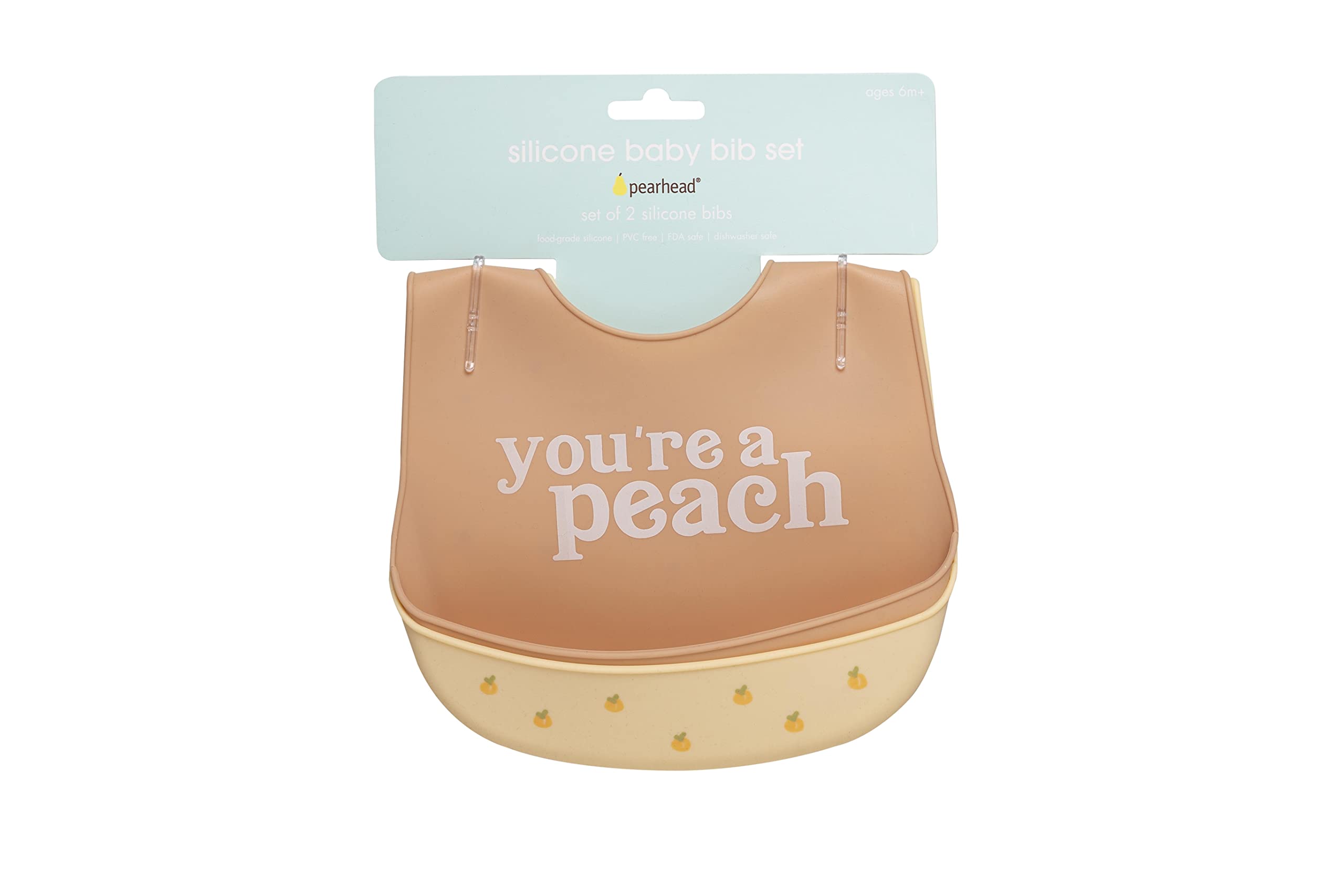 Pearhead Silicone Bib Set of 2, You're a Peach Dishwasher Safe Bibs with Food Catcher, Earth Tone Baby Bib Set, Baby Feeding Accessory for New Parents and Expecting Parents, 2 Baby Bibs