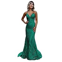 Women's Sparkly Sequin Prom Dresses Mermaid Long Formal Dress V-Neck Sequins Spaghetti Straps Evening Party Gown Teal