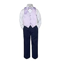 Leadertux 4pc Baby Toddler Boys Lilac Vest Bow Tie Navy Blue Pants Suits Set S-7 (4T)
