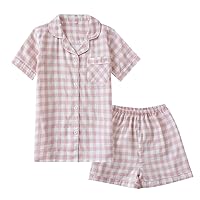 Summer Check Print Notch Collar 100% Cotton Two Pieces Pajamas Set for Couple Sleepwear