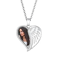 FindChic Customized Heart Photo Necklace Plain/Bling CZ/Rose/Angel Wings/Rotatable 2-Side Picture Pendant Stainless Steel/Gold Plated/Black Valentine's Jewelry Gift for Women Mom Girlfriend +Gift Box