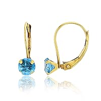 14K Solid Yellow Gold 6mm Round Natural Swiss Blue Birthstone Leverback Earrings For Women
