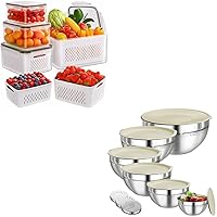 4-Pack Fruit Storage Containers for Fridge with Removable Colanders and 6 PCS Stainless Steel Mixing Bowls with 3 Grater Attachments, Kitchen Food Storage Organizers Nesting Mixing Bowl