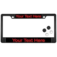 Personalized with Custom Text Design - Flat Shape Black Metal Laser Engraved Standard Size - Car/Automobile License Plate Frame with Free caps - Black/Red