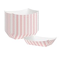 Restaurantware Bio Tek 4 Ounce Paper Boats, 50 Disposable #25 Food Trays - PE Lining, Durable, Pink And White Striped Paper Food Baskets, For Concession Stands, Picnics, or Fairs