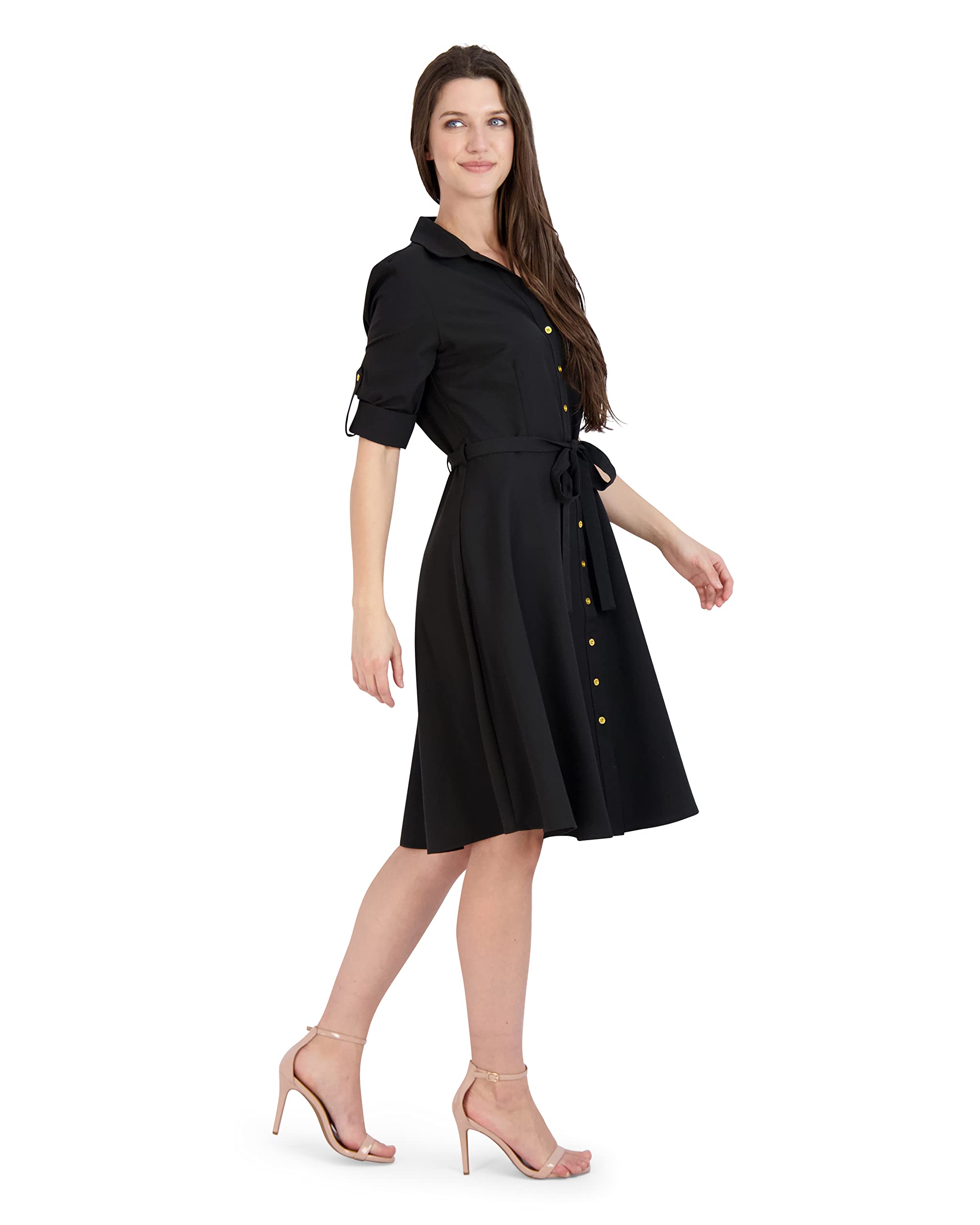 Sharagano Women's Button Front Belted Shirt Dress with Roll Up Sleeves