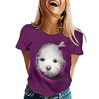 White Long Sleeve Shirts for Women Cropped Puff Women Fashion Casual Cute Puppy Print Round Neck Short Sleeve