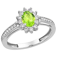 14K White Gold Natural Peridot Flower Halo Ring Oval 6x4mm Diamond Accents, sizes 5-10