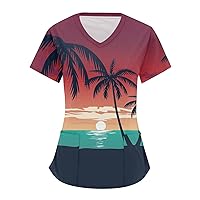 Sunny Beach Tops for Women Long Sleeve with Pockets Loose V-Neck Printed Fashion Short T Shirts