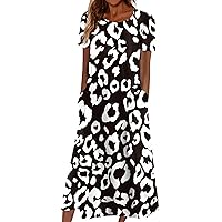 Women's Casual Dresses Printed Summer Printed Pleated Round Neck Maxi Dresses Basic Short Sleeve Loose Dresses