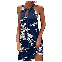 Women's Cute Halter Neck Sleeveless Mini Dress Summer Floral Print Beach Party Dress Loose Flowy Short Sundress