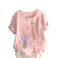 Women Summer Linen Cotton Tshirt Tops Casual Loose Fit Trendy Flower Tunic Tee Short Sleeve Plus Size Button Up Blouses