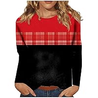 Womens Tops,2023 Fall Fashion Plaid Shirts Casual Long Sleeve Blouses Crew Neck Shirts Loose Fit Blouses