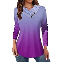 Gradient Button Sweatshirts for Women Casual Long Sleeve V Neck Tops Trendy Graphic Tees Blouse Teen Girl Outfits