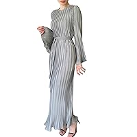 XJYIOEWT Graduation Dress Long Sleeve Knee Length,Women Casual Solid Color Round Neck Bell Sleeve Pleated Dress Night Dr