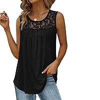 Summer Tank Tops for Women Scoop Neck Sleeveless Lace Tops Loose Fit Pleated Tunics Curved Hem Flowy Blouse Tees