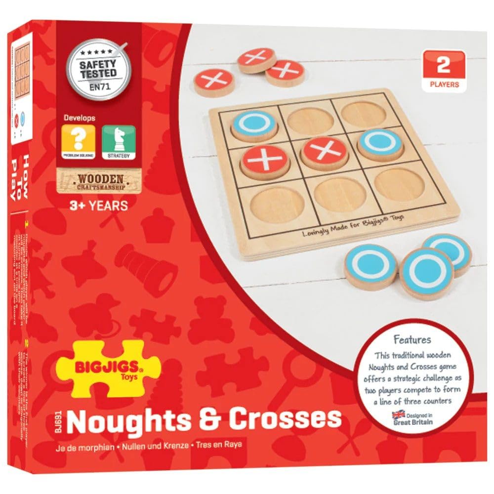 Bigjigs Toys Wooden Noughts and Crosses Game - Tic Tac Toe Game, Travel Games, Board Games for Families, Kids Games, Pocket Money Toys