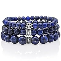 VY JEWELRY Lapis Lazuli Beaded Bracelet 6/8/10MM Dia Blue Stones with 925 Sterling Silver Beads for Men and Women